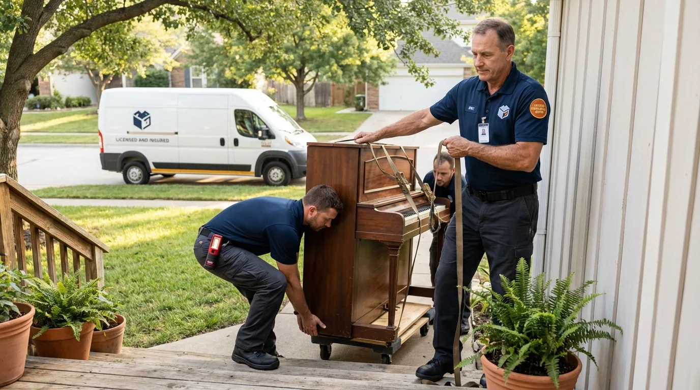 Licensed piano movers securing grand piano in Ivins, UT