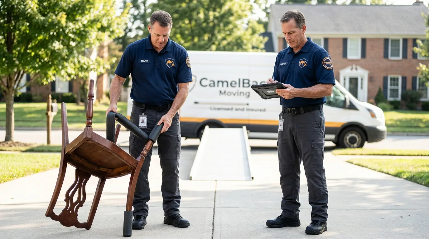 Movers inspecting furniture for damage prevention before loading in Ivins, UT