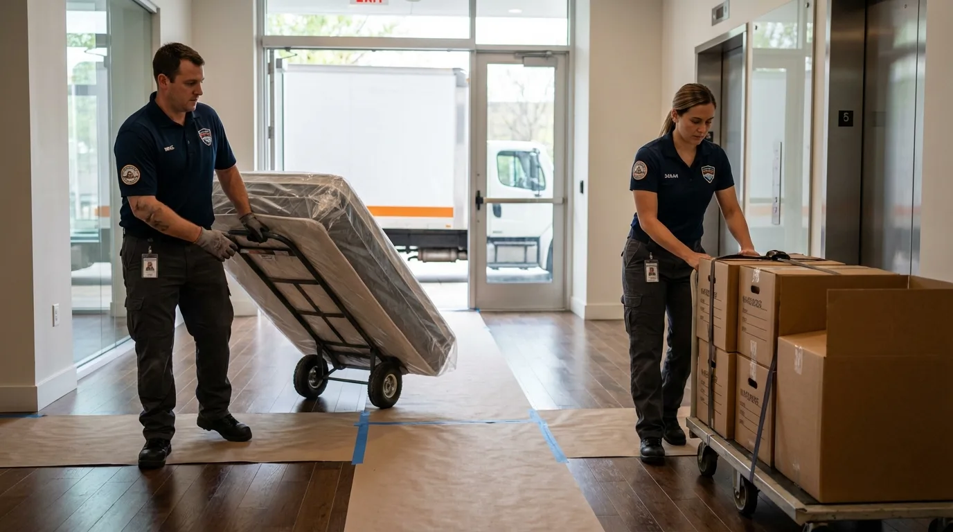 Professional apartment movers loading elevator in Ivins, UT